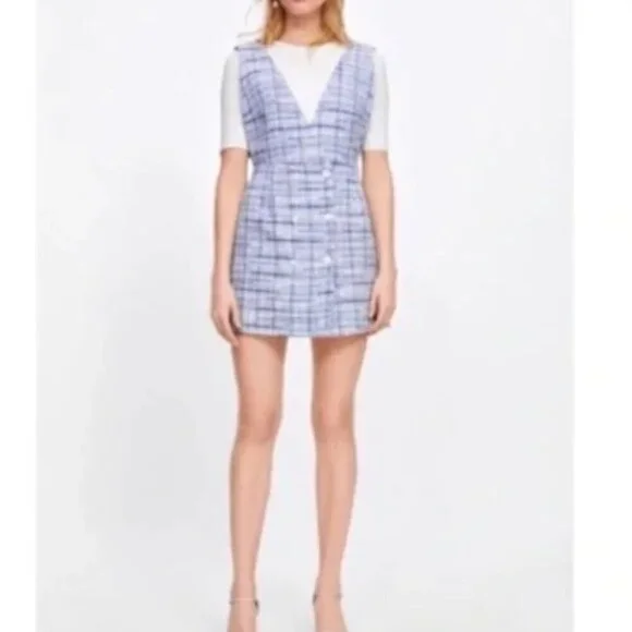 ZARA Blue Tweed Double Breasted Mini Dress Size M | Blogger Favourite - Picture 8 of 12